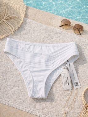 Sanctuary Bikini Bottoms White Pleated Full Coverage Swim Size M